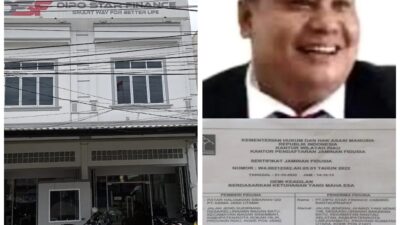 Foto : Beriman Panjaitan, S.H.,M.H., dan sertifikat fidusia (kanan), kantor PT Dipo Star Finance Cabang Rantauprapat. (Ist)
