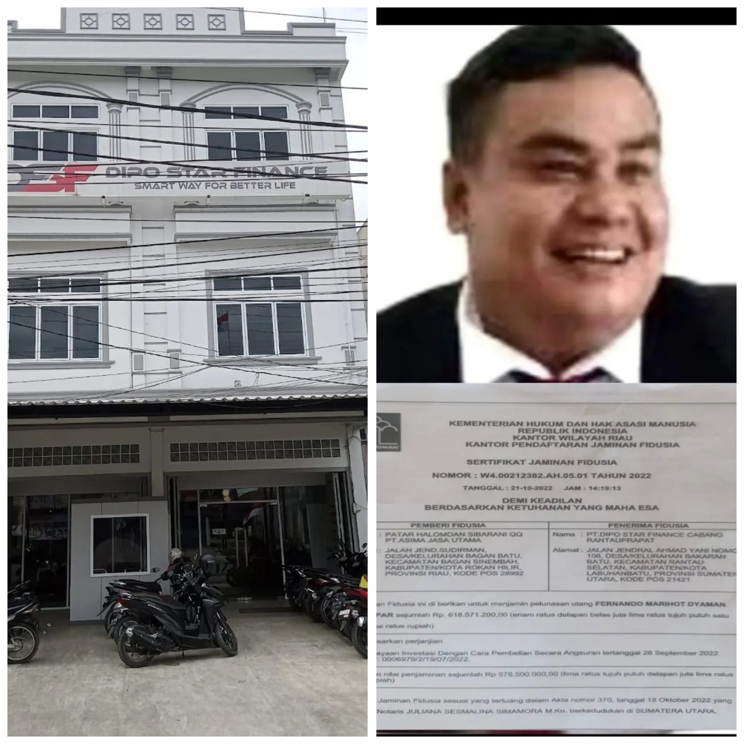 Foto : Beriman Panjaitan, S.H.,M.H., dan sertifikat fidusia (kanan), kantor PT Dipo Star Finance Cabang Rantauprapat. (Ist)
