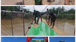 TNI-Rakyat Gotong Royong Tuntaskan Perbaikan Jembatan Gantung Desa Teluk Panji Ke Desa Air Merah