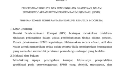 KPK-RI Keluarkan SE No.7/2026 Tentang Pencegahan dan Pengendalian Gratifikasi Dalam SPMB