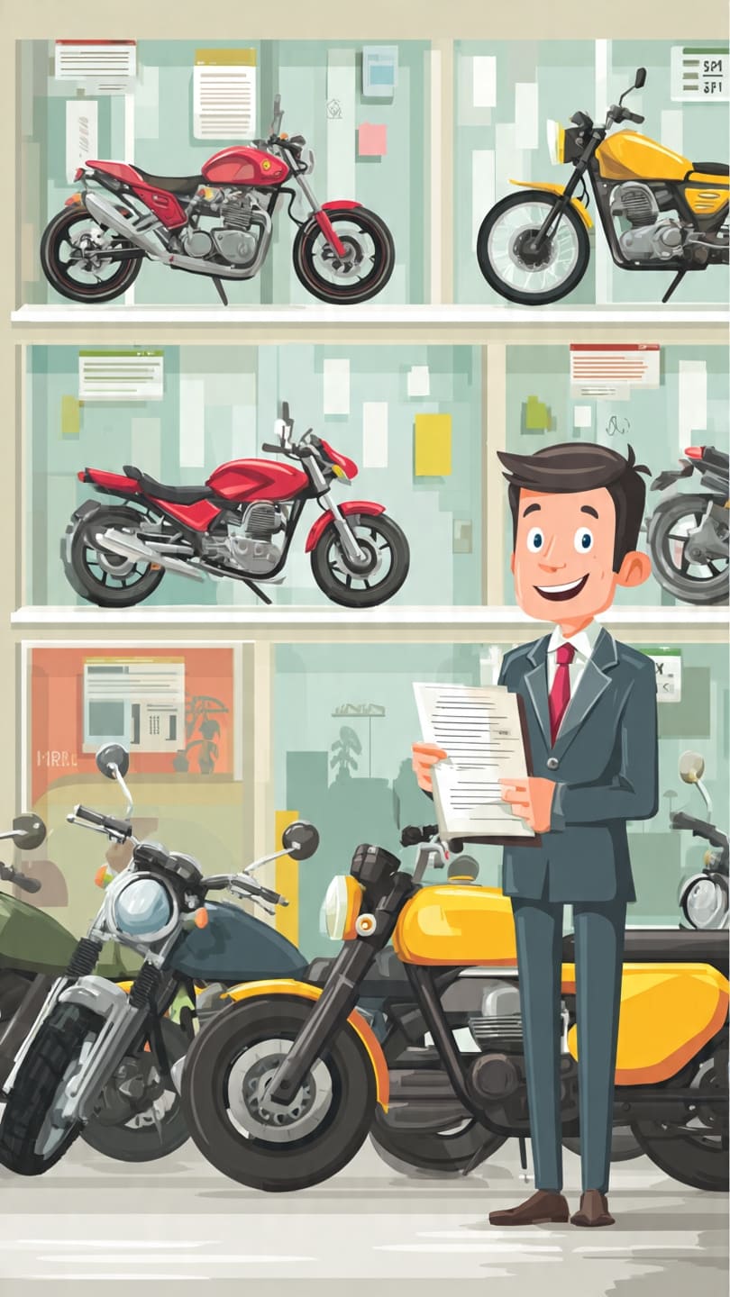 Ilustrasi kartun showroom motor bekas. Usaha jual beli motor second wajib memiliki NIB KBLI 45413 dan Izin Usaha Barang Bekas.