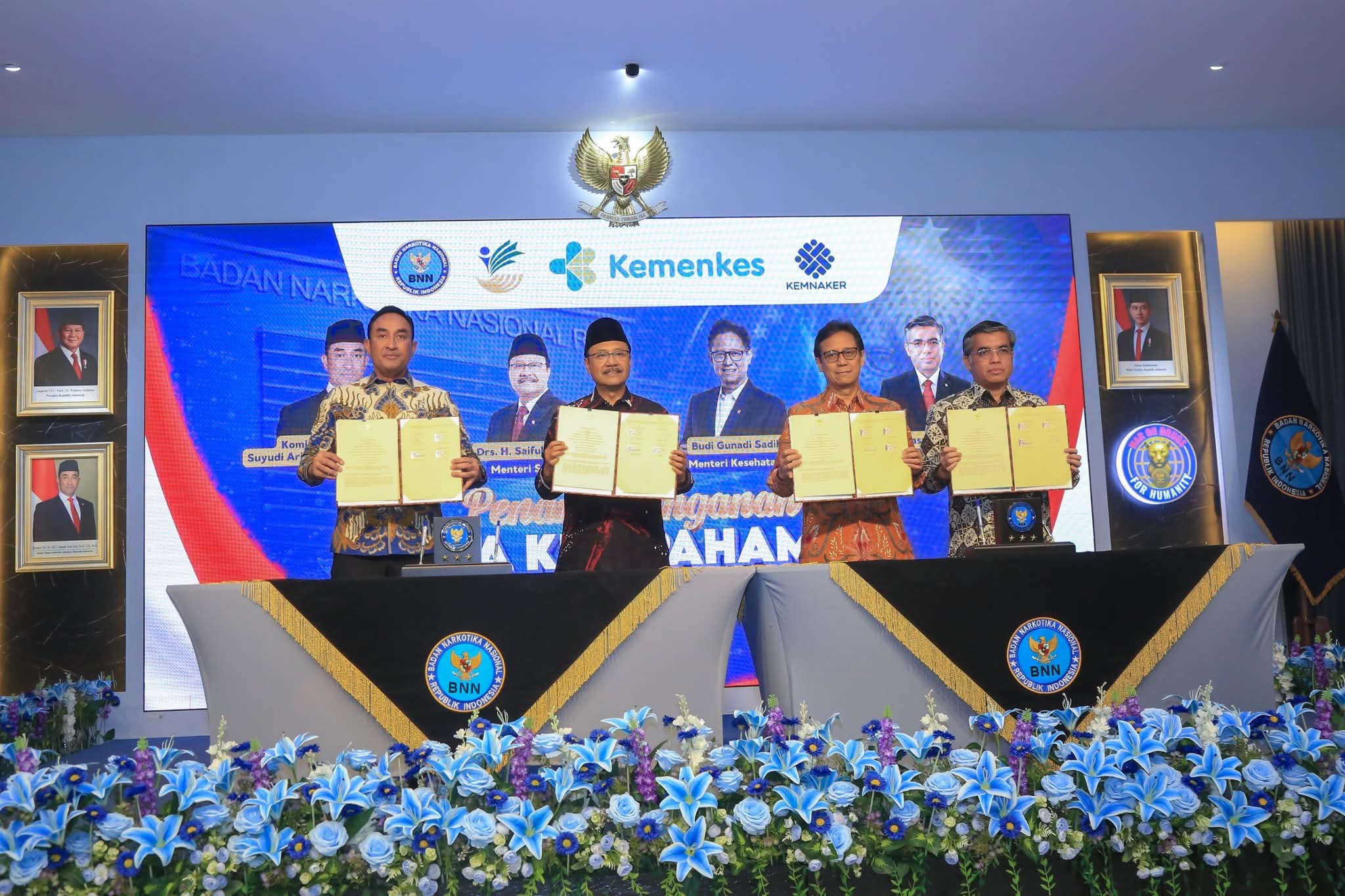 Kepala BNN RI Suyudi Ario Seto, Menteri Sosial Saifullah Yusuf, Menteri Kesehatan Budi Gunadi Sadikin, dan Menteri Ketenagakerjaan Yassierli sepakat memperkuat penyelenggaraan rehabilitasi medis dan rehabilitasi sosial secara berkelanjutan.