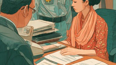 Ilustrasi (AI) wanita melapor ke kantor polisi didampingi pengacara (kuasa hukum)nya.
