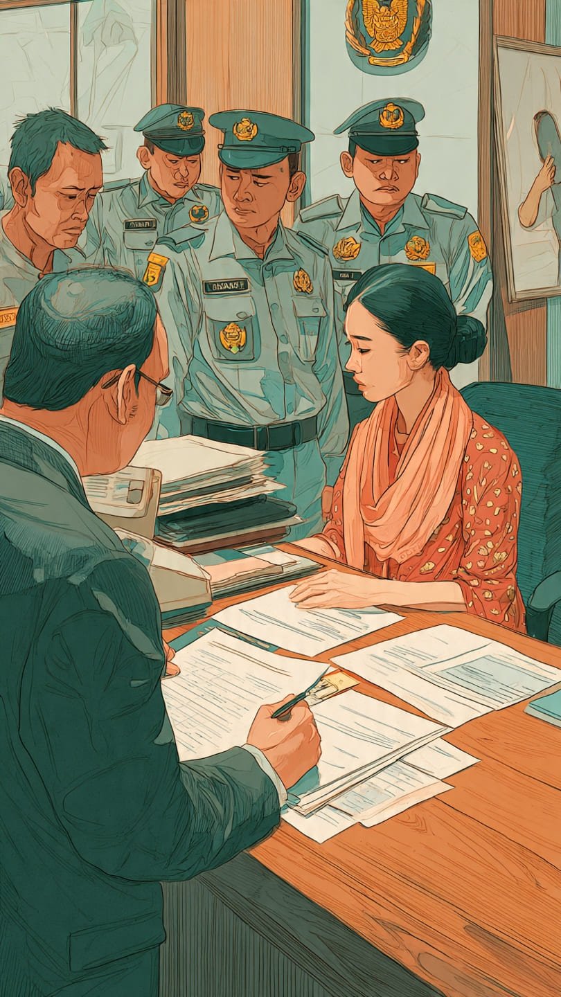 Ilustrasi (AI) wanita melapor ke kantor polisi didampingi pengacara (kuasa hukum)nya.